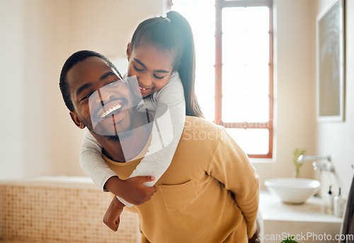 Image of Father, child or black family laughing in happy home with love, care and support while in bathroom. Man and girl kid for a piggy back ride with a smile, energy and hug for safety, health and wellness