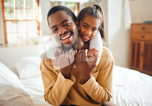 Image of Family, portrait and child hug father with love and care at home, happiness with relationship, trust and affection. Black man, young girl and happy people with embrace, wellness with bonding together