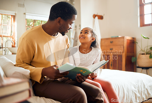 Image of Black family, dad reading book to child for learning, support and language development, bonding in bedroom. Happy people, father and girl love with creative storytelling, education or home teaching
