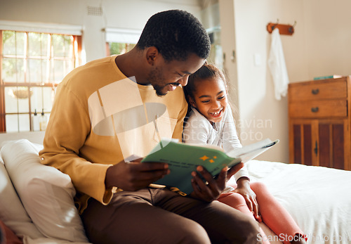 Image of Father storytelling, child reading and family love for language learning and bonding in bedroom. Happy people, dad and smart girl with book for creative support, education help and home teaching