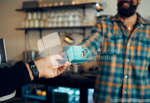 Image of Coffee, service and hands of people at a cafe for a drink, breakfast or lunch. Business, waiter and person giving an espresso order to a customer at a cafeteria while working at a restaurant