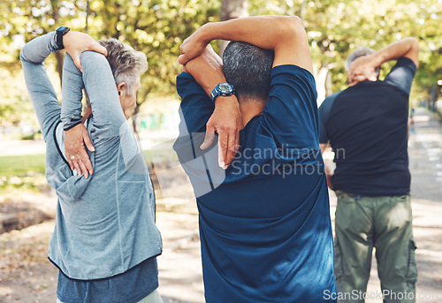 Image of Fitness, nature and senior people doing stretching exercise before cardio training in a park. Health, wellness and active group of elderly friends in retirement doing arm warm up for outdoor workout.