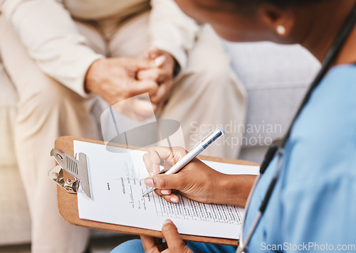 Image of Nurse, clipboard and medical checklist with patient for healthcare, life insurance or hospital service. Closeup doctor writing notes, consulting and report documents of surgery, test results and data