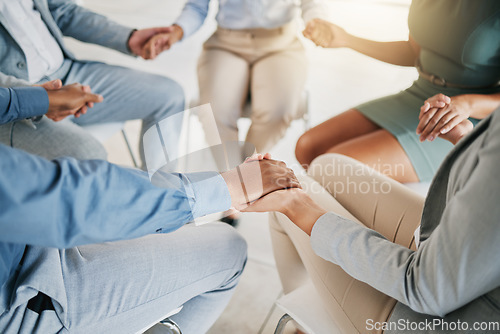 Image of Business people, team building and support holding hands for trust at corporate company. Solidarity, cooperation and collaboration of office employees with respect, care and compassion.