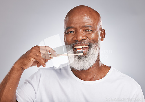 Image of Brushing teeth, studio portrait and black man with toothbrush for mature dental wellness, healthy lifestyle or cleaning aesthetic in Nigeria. Happy face, male model and oral mouth care of fresh smile