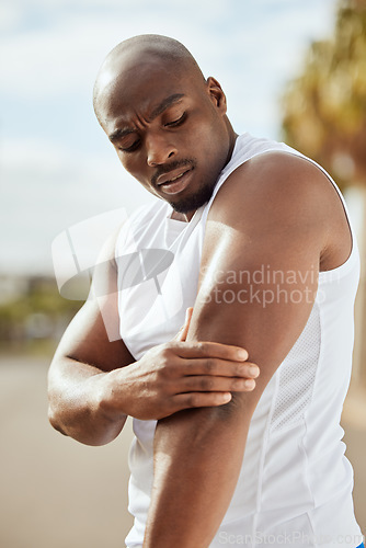 Image of Fitness, arm pain and black man with workout, exercise or runner in health, wellness and muscle risk with strong, challenge or problem training. Sports injury, pain and athlete with medical emergency