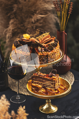 Image of Dobos cake on a stand