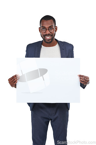 Image of Portrait, happy worker and poster mockup for marketing paper space, advertising mock up and promotion. Banner, blank and billboard sign for smile, businessman or designer on isolated white background