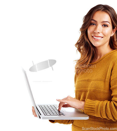 Image of Woman, laptop and studio portrait for typing, communication or coding by white background. Isolated model, mobile computer and smile for web networking, programming or email with online connection