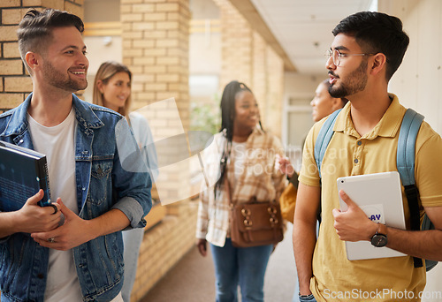 Image of University, school and education students, people or group walking to class in campus community and diversity. Social, talking and friends with learning advice, research ideas and happy college life