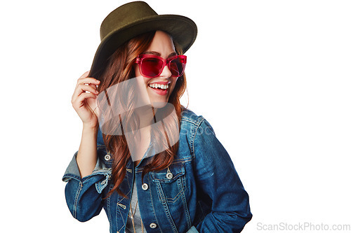 Image of Excited, youth and trendy fashion model with gen z style and funky sunglasses with happy smile. Happiness, cool and young fashionista girl with shades on isolated studio white background.