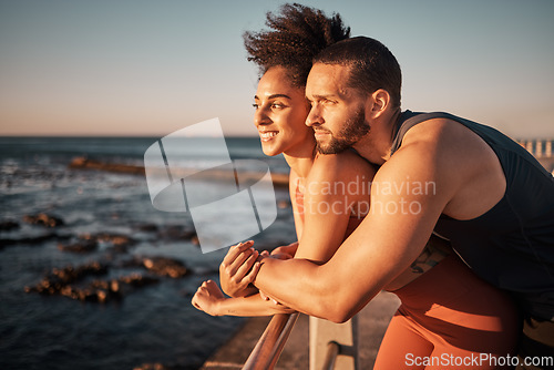 Image of Couple hug with sunset at beach, outdoor with love and care in nature, exercise with sea view mockup. Black woman, man and relationship with commitment, fitness together and happy people are content