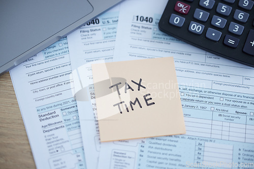 Image of Tax time, accounting paperwork and form for government law compliance, file income revenue return or self assessment. Calculator, sticky note and finance audit form for financial payment and taxes