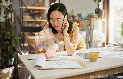 Image of Phone call, notebook and Asian woman for creative startup in planning, online conversation and talking. Communication, networking and girl with paperwork, illustration and design for art business