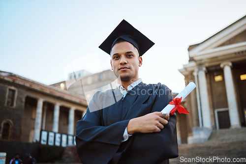 Image of Student graduation, portrait and man with certificate, diploma or degree. University education, college and proud male graduate from Brazil with arms crossed and academic document for learning goals.