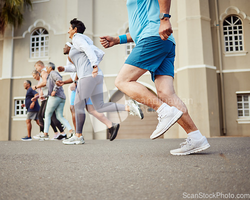 Image of Fitness, senior or people running in a marathon race or cardio exercise challenge on city street road for wellness. Sports community, workout or healthy elderly runners training as a retirement group