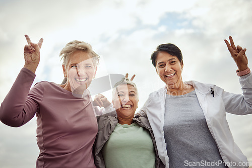 Image of Senior, friends and portrait of women after workout posing for picture excited by exercise or fitness training. Peace sign, gesture and old people happy and laughing in support of wellness