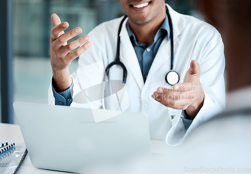 Image of Healthcare, stethoscope and hands of doctor with laptop talking to patient for diagnosis, medical results and report. Insurance, clinic and hospital worker with computer consulting with patient
