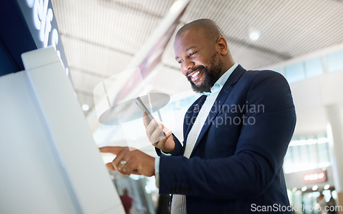 Image of Check in, email and black man with a phone for travel information, communication and connection. Contact, happy and businessman typing on a machine with an app on a mobile at the airport for a trip