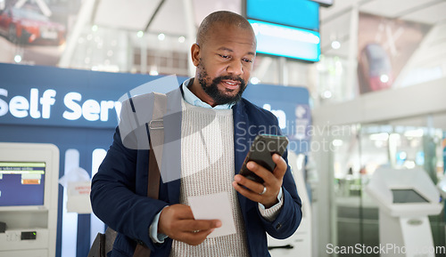 Image of Travel, email and black man with phone and ticket for information, communication and airport passport. Chat, connection and African traveler reading conversation on a mobile while on a trip for work