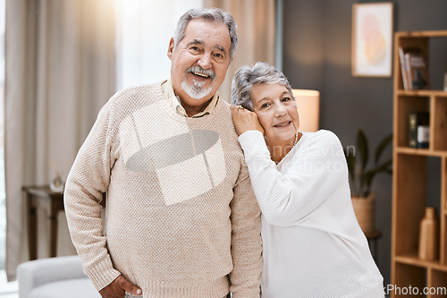 Image of Love, portrait or old couple hug in house living room enjoying quality bonding time in happy marriage commitment. Trust, support or elderly woman in romantic partnership with an old man in retirement