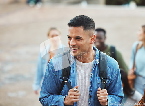 Image of Laughing man, walking or students on university campus, college or school with scholarship, learning or study goals. Smile, happy people or education friends with diploma innovation or degree ideas