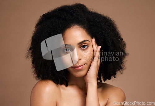 Image of Skincare, facial and portrait of black woman on brown background for wellness, healthy and glowing skin. Dermatology, makeup and hands on girl face for cosmetics, beauty products and facial treatment