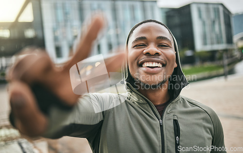 Image of Fitness, selfie and portrait of a black man with peace sign in the city doing a cardio exercise. Happy, smile and real African guy taking picture while running for sports, race or marathon training.
