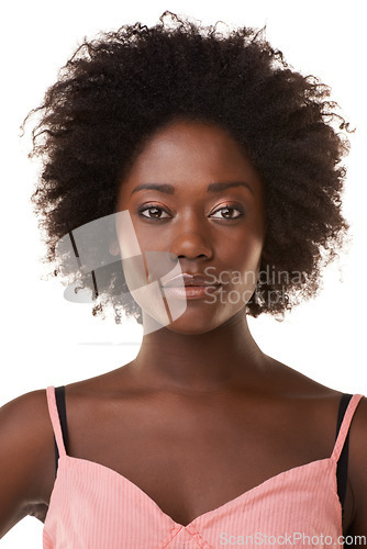 Image of Face portrait, beauty and hair care of black woman in studio on a white background. Skincare cosmetics, makeup and young female model with beautiful afro hairstyle after salon treatment for growth.