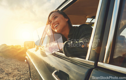 Image of Thinking, travel and road trip with a black woman in a car at sunset during summer vacation or holiday. Nature, window and drive with an attractive young female sitting in transport for adventure