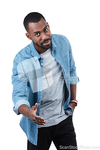 Image of Fashion portrait, handshake and black man in studio isolated on white background. Thank you, greeting and male model shaking hands for deal, agreement or contract, onboarding or welcome introduction