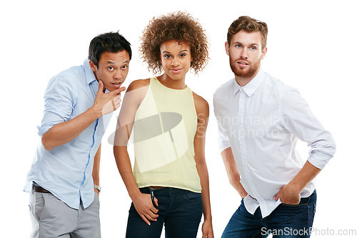 Image of Diversity, people together and standing casual isolated in white background. Interracial models, comic friends and collaboration portrait for positive mindset, group success or support in studio