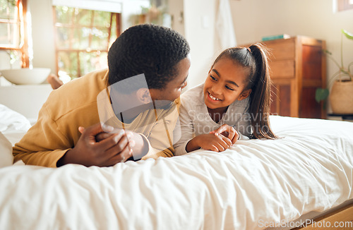 Image of Family, father and girl kid talking, spending quality time together with love and care, relax in bedroom at home. Black man, child and happy people, communication and relationship with childhood