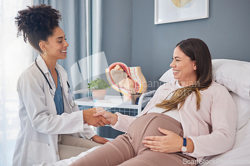 Image of Pregnant patient, doctor and gynecologist hand shake for welcome, thank you and hello greeting Pregnancy maternity consultation, gynecology and woman for medical, baby healthcare or hospital support