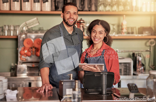 Image of Portrait, cafe and barista couple with tablet ready to take orders in small business. Teamwork, diversity or man and woman, waiters or coffee shop owners in restaurant with technology to manage sales