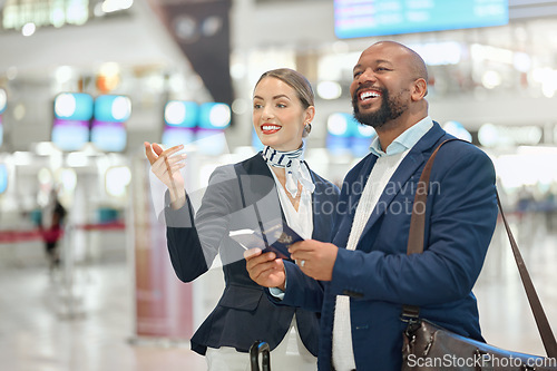 Image of Woman, help or black man in an airport with a passport to travel asking for a gate agent for directions. Airplane, hospitality or friendly worker helping an African businessman with a happy smile