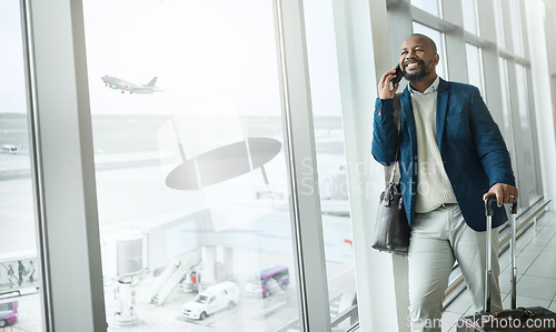Image of Businessman, phone call and luggage waiting at airport for travel, work trip or plain journey to country. Happy black man, employee or person with smile for communication before flight on smartphone