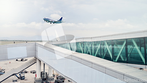 Image of Airport, travel and airplane in sky in flight for takeoff, international and commercial transportation. Air transport, world and aeroplane leaving terminal to global destination, location and country