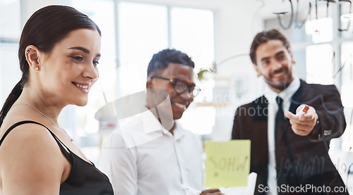 Image of Business people, brainstorming and focus by glass board at office meeting with woman, businessman or happiness. Corporate, sticky note and coaching for strategy, team building or company success