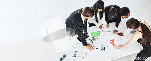 Image of Meeting, finance and planning with a business team working around a table in the boardroom from above. Accounting, documents and teamwork with a man and woman employee group at work in an office