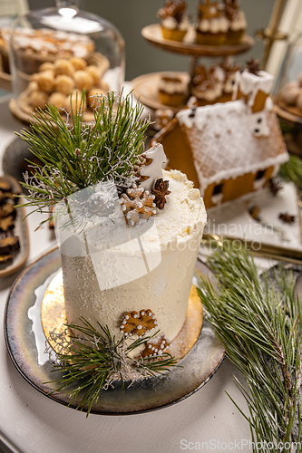 Image of Christmas cake with festive decoration