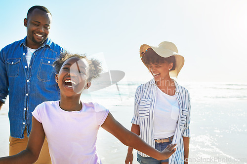 Image of Relax, travel and happy with black family at beach for summer break, support and tropical vacation. Peace, smile and happiness with parents and daughter playing by the ocean for freedom, sea and care