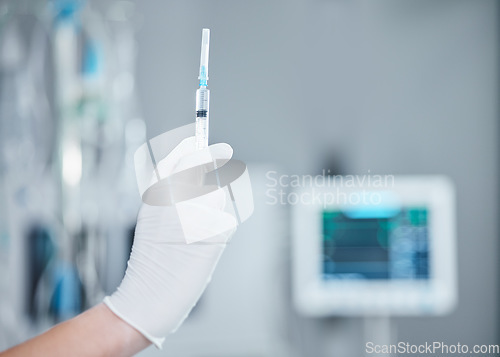Image of Hospital, healthcare and hand of doctor with syringe, needle or vaccine injection for covid 19, monkeypox or disease mockup. Medical support, mock up and clinic nurse with science innovation medicine