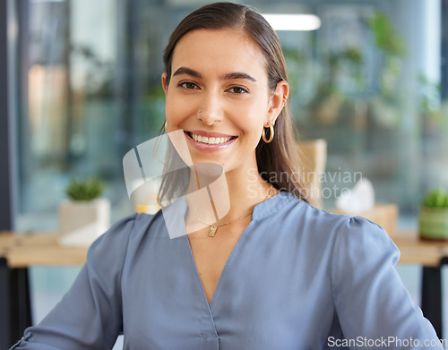Image of Happy, portrait or business woman in office building with career goals, success mindset or motivation and smiles with pride. Face, worker or hr manager with a mission, vision or leadership experience
