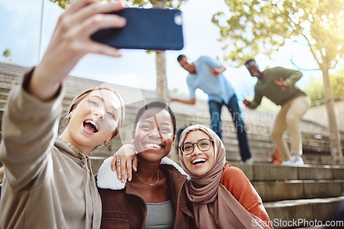 Image of Diversity, happy women or phone selfie on college campus steps, university bleachers of school stairs for social media. Smile, bonding students or mobile photography technology for 5g profile picture