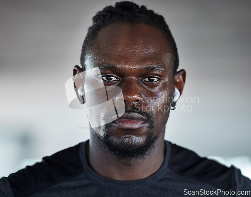 Image of Black man, fitness portrait and music for exercise workout, cardio training and healthcare wellness outdoor. African athlete, focus face and audio motivation or sports runner or mindset vision