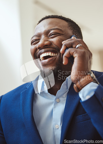Image of Phone call, communication and laughing with a business black man talking while working in corporate. Mobile, networking or management with a male CEO feeling happy while chatting on his smartphone