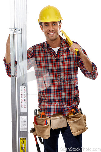 Image of Handyman, portrait and maintenance worker with man, construction and employee with ladder and helmet for safety. Construction worker, tools and happy man with contractor against white background