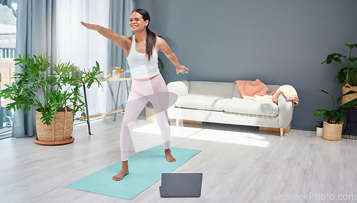 Image of Fitness, yoga or pregnant woman in online class stretching body for balance exercise or workout at home. Pregnancy, laptop or focused healthy person with a happy smile in maternity training at home