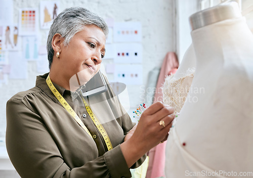 Image of Phone call, textile and senior woman with tailor, design process and fabric communication for client or business. Smartphone, boss, fashion designer or person working on mannequin in workshop studio